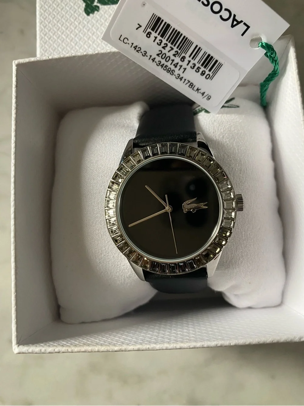 Lacoste Ladycroc 2001411 Women’s Watch Black Leather Band Crystal Bezel 36.5mm